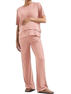 Tankaneo Womens Postpartum Maternity Pajamas 2 Piece Set- Pink. Size M